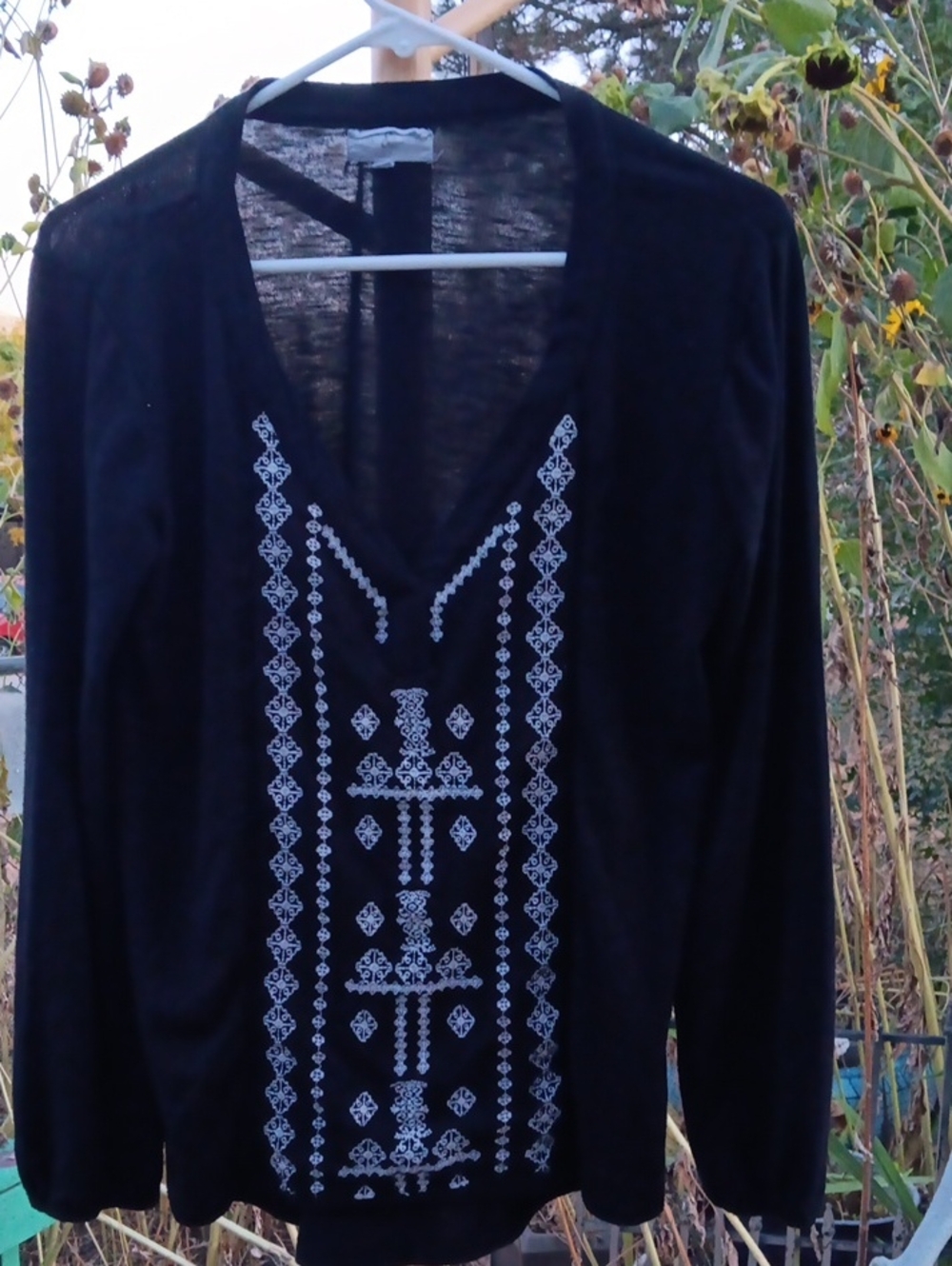 Women’s Black V-Neck Shirt with White Embroidered Detail
